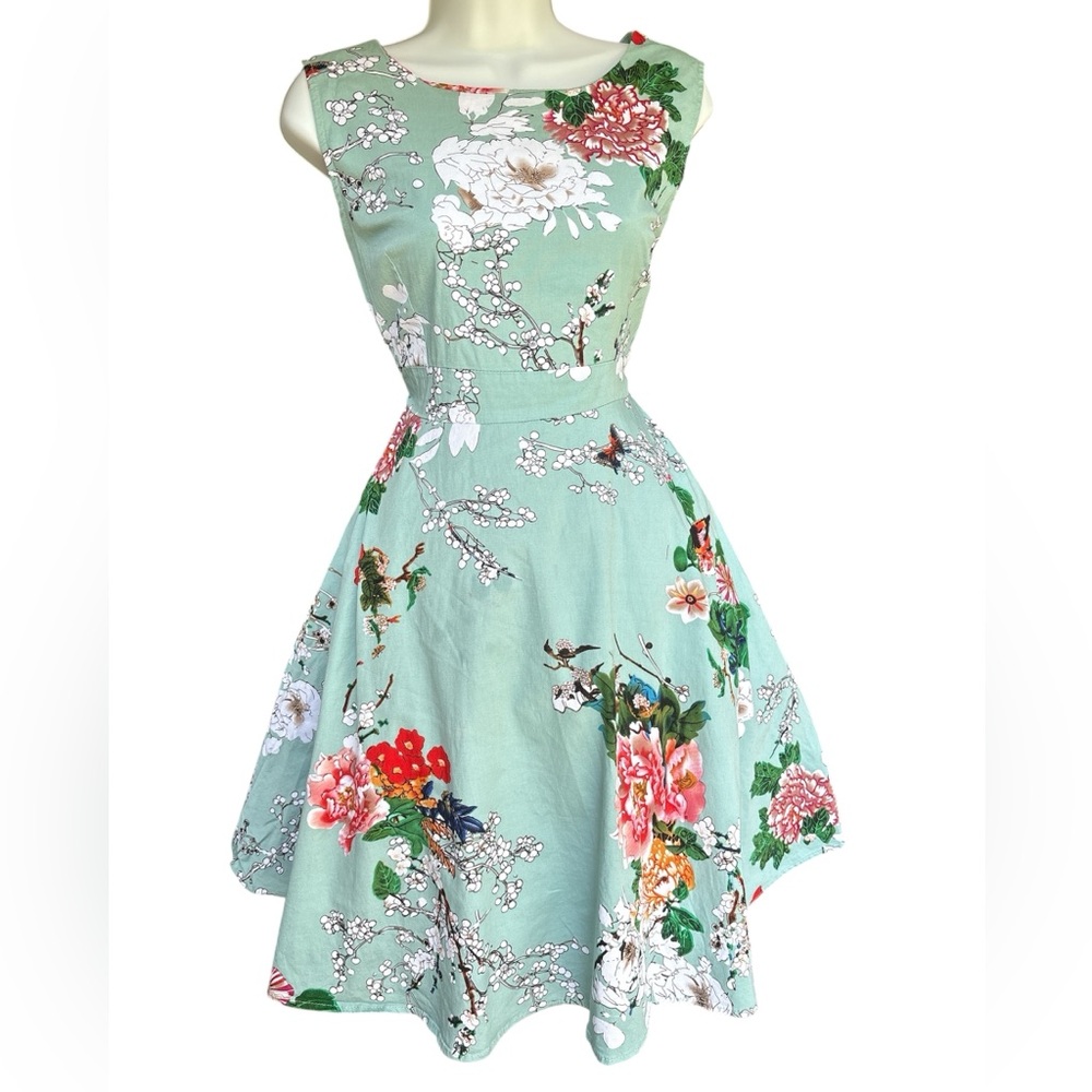 Acevog Mint Floral Midi Pinup Retro 50s Circle Flare Dress - L XL
